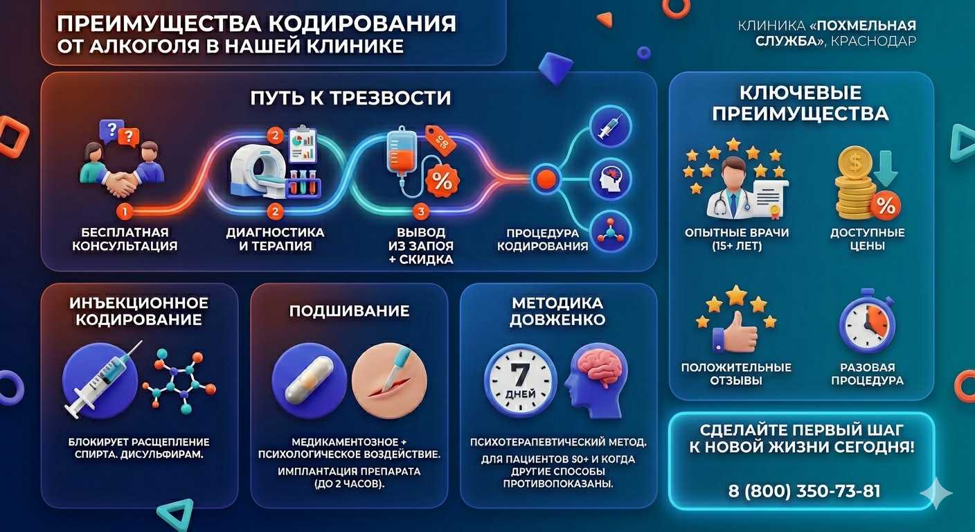 Инфографика о методах кодирования от алкоголя в Луховке: инъекции, подшивание, метод Довженко. Преимущества клиники и этапы лечения.